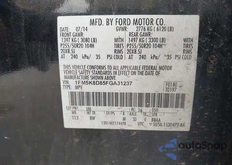 2015 Ford Explorer Xlt из США, поврежденный, VIN 1FM5K8D85FGA31237